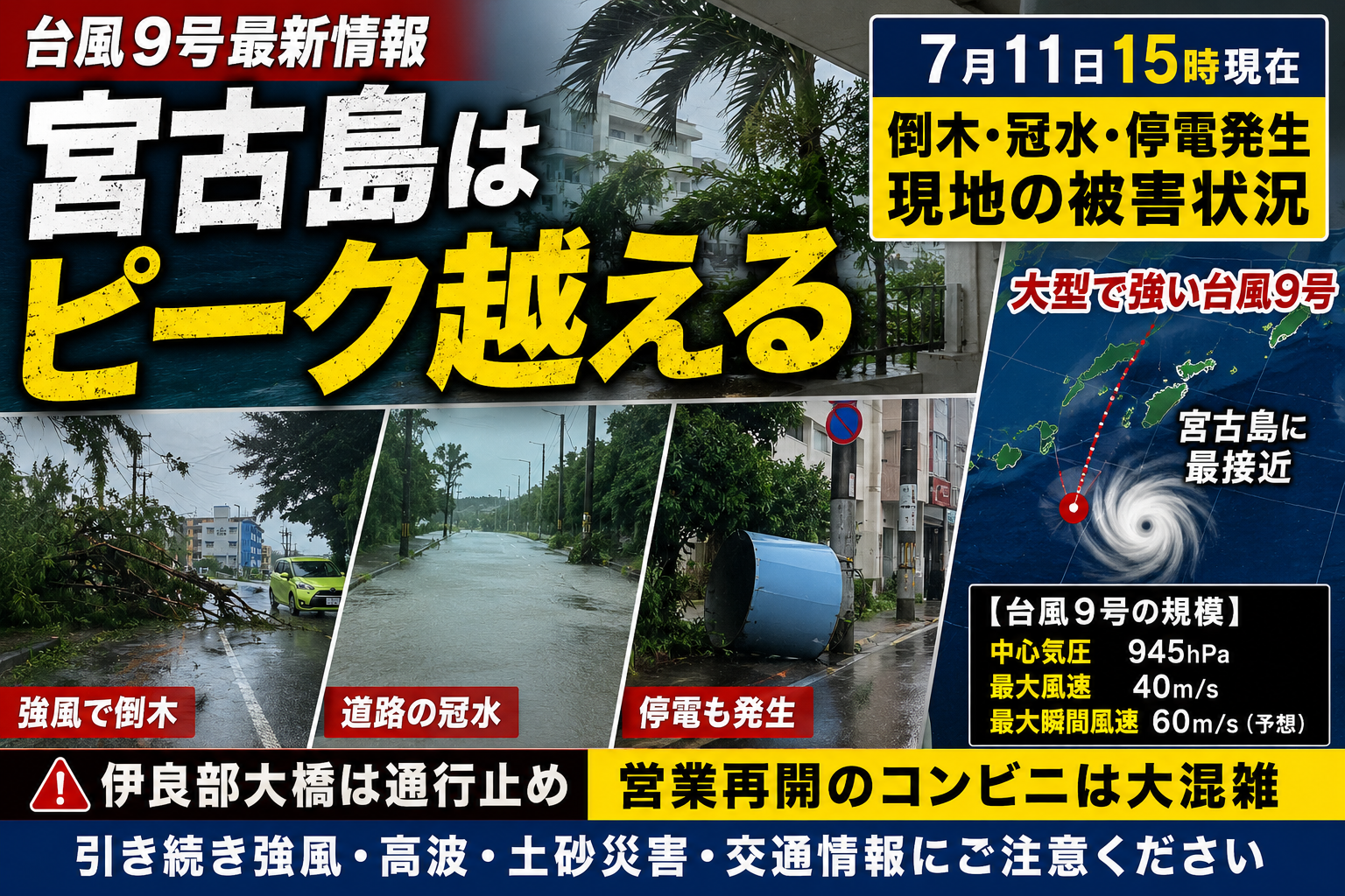 台風9号】宮古島で最大瞬間風速42.7m｜約1万戸停電、倒木・冠水など